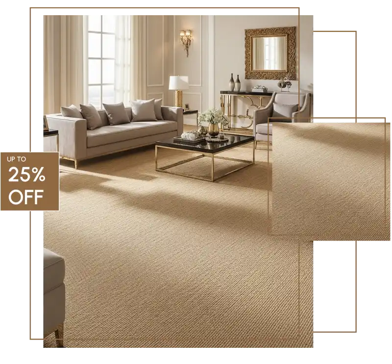 Elegant living room interior with luxury beige wall-to-wall carpet flooring and modern furniture, promotional sale up to 25% off
