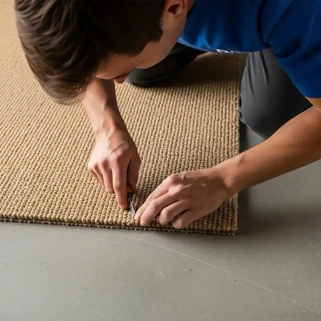 Professional installer cutting natural sisal carpet during office carpet installation