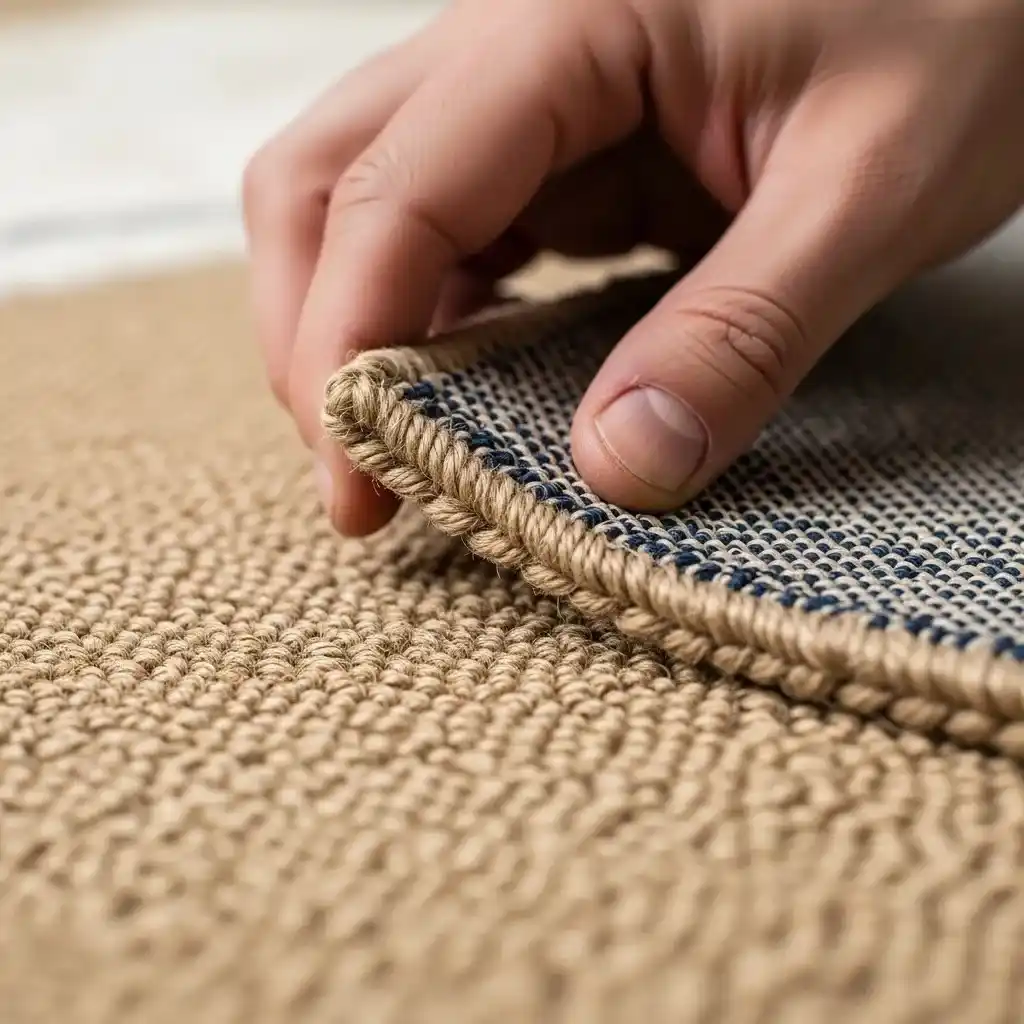 Installer fitting natural sisal carpet edge during professional office carpet installation