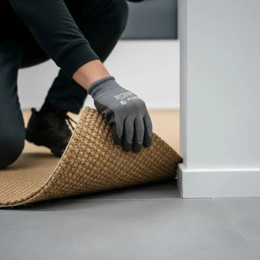 Professional installer fitting natural sisal carpet around wall corner during office carpet installation