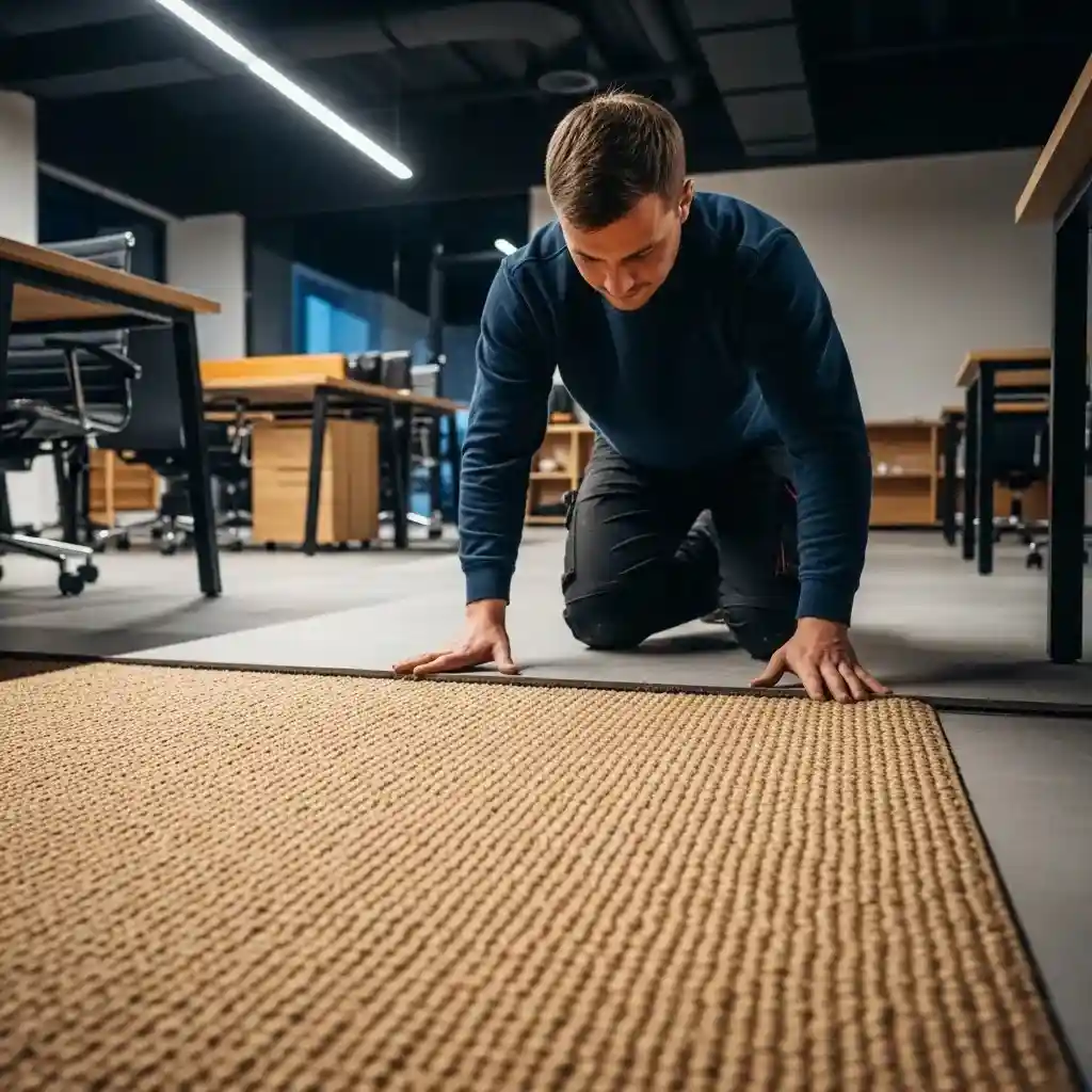 Professional installer laying natural sisal office carpet flooring in a modern workspace