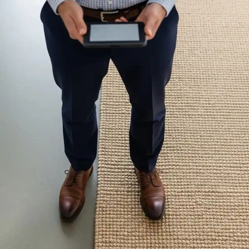 Professional installation of sisal office carpet flooring by technician in Dubai workspace