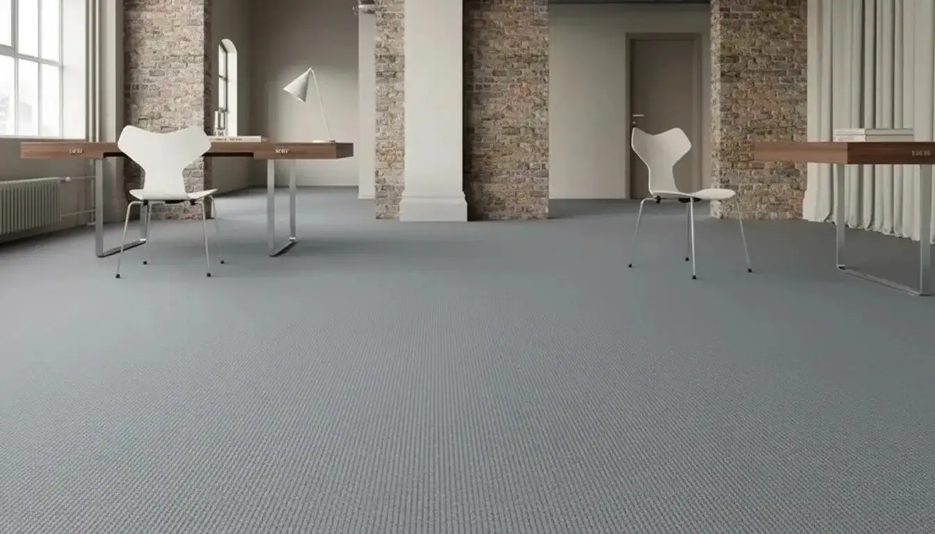 Spacious modern office with grey wall-to-wall carpet flooring, minimalist desks, white chairs, and exposed brick walls