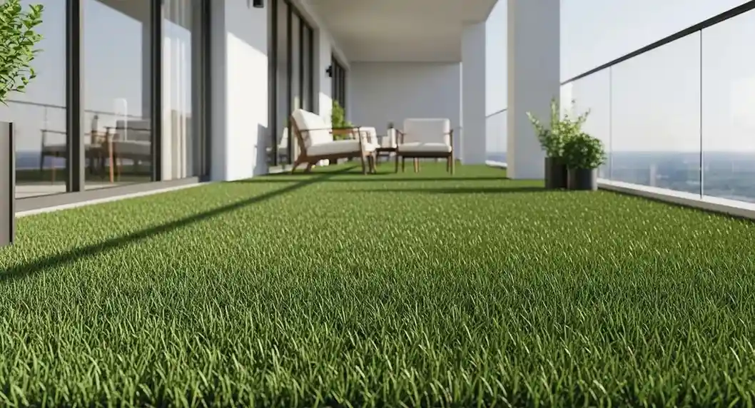 Modern apartment balcony with artificial grass flooring, outdoor seating, and glass railing overlooking city view