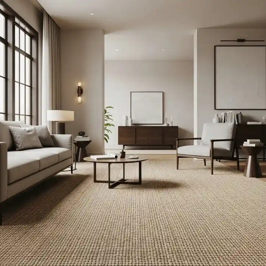 Natural jute carpet flooring in a modern living room with beige sofa, wooden furniture, and minimalist interior design