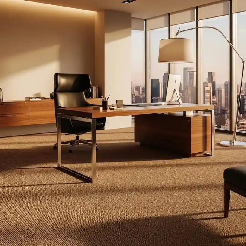 Modern executive office interior with brown wall-to-wall carpet flooring, wooden desk, black office chair, and large city view windows
