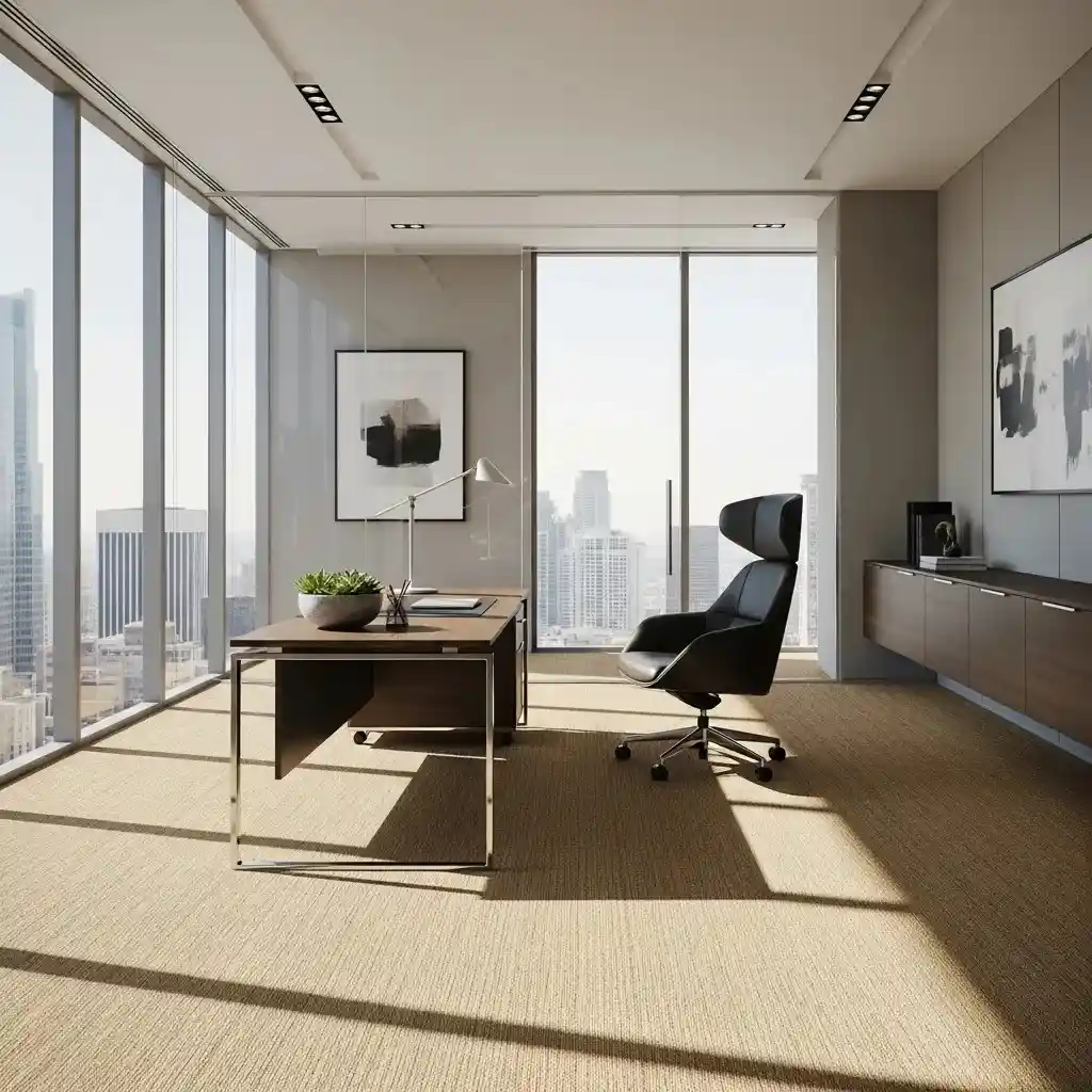 Modern executive office with beige carpet flooring, wooden desk, black office chair, and large floor-to-ceiling windows overlooking city skyline