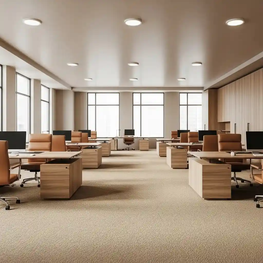 Modern office workspace with beige sisal carpet flooring and wooden desks in a corporate office in Dubai