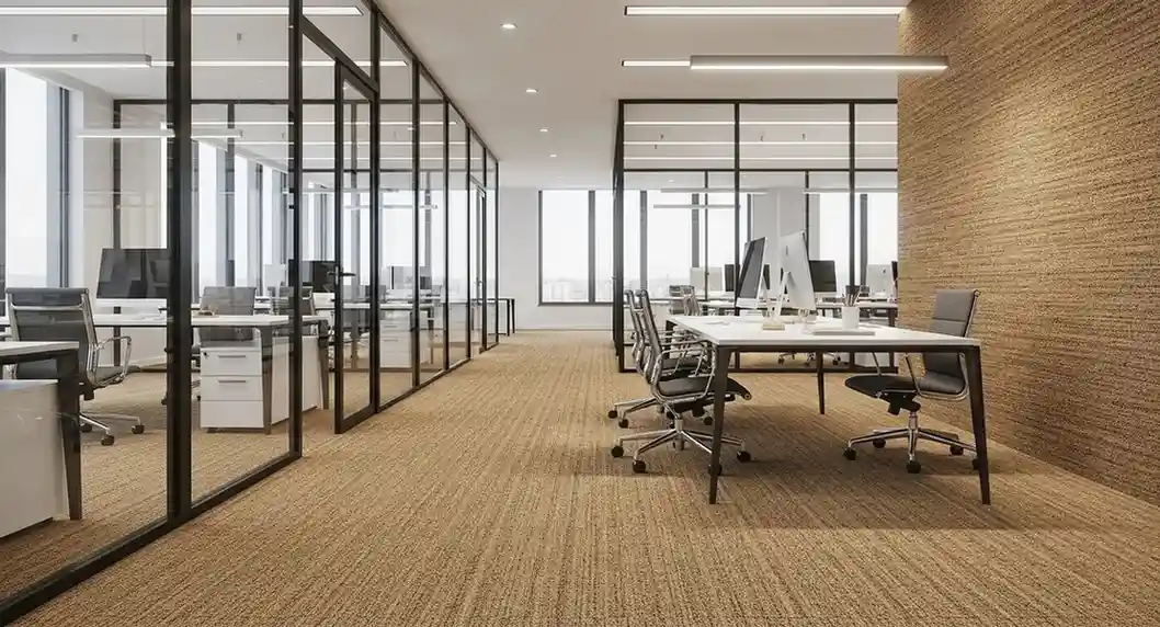 Modern office workspace with beige carpet flooring, glass partition offices, and contemporary desks