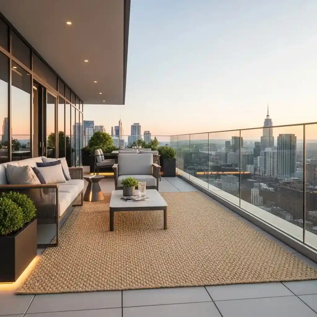 Modern balcony terrace with outdoor carpet rug, patio furniture, plants, and glass railing overlooking city skyline