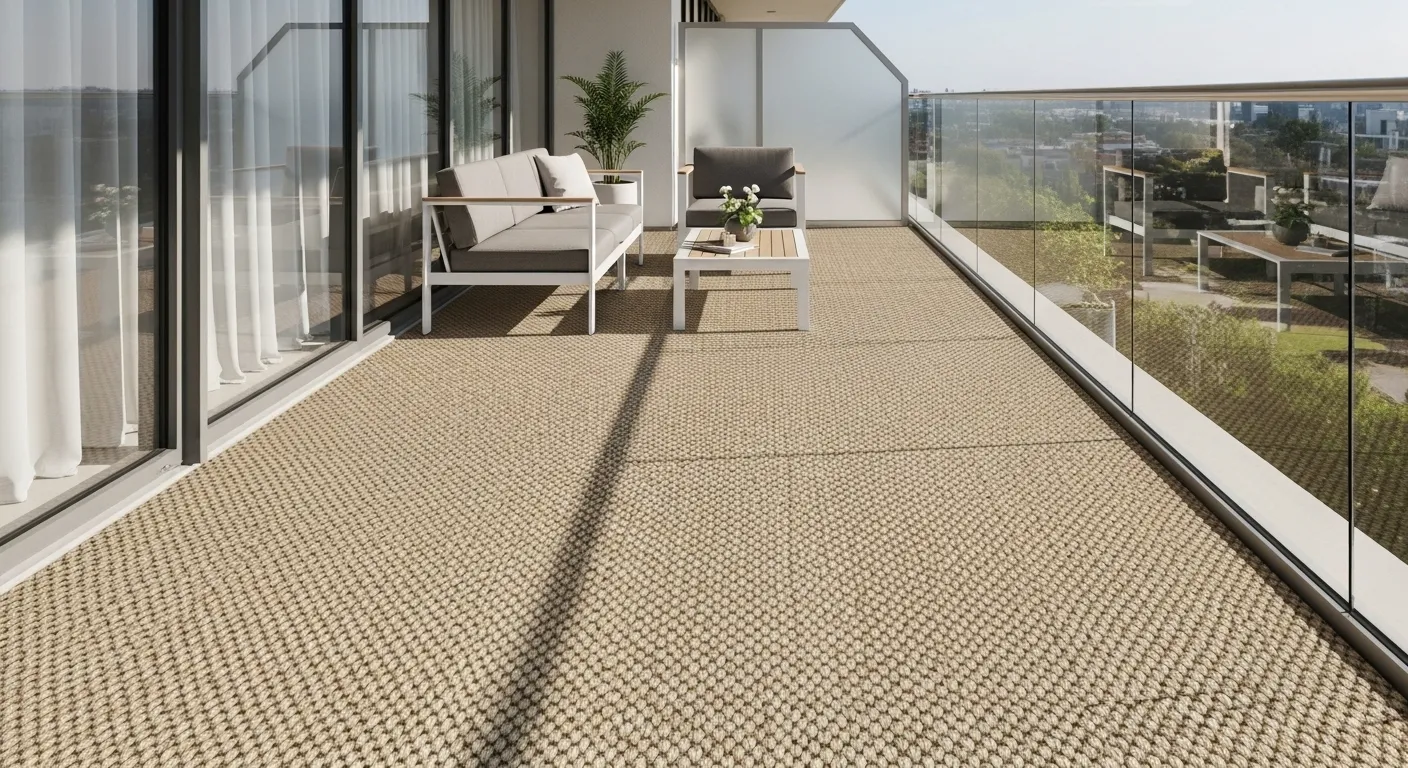 Modern apartment balcony with woven outdoor carpet flooring, patio furniture, and glass railing