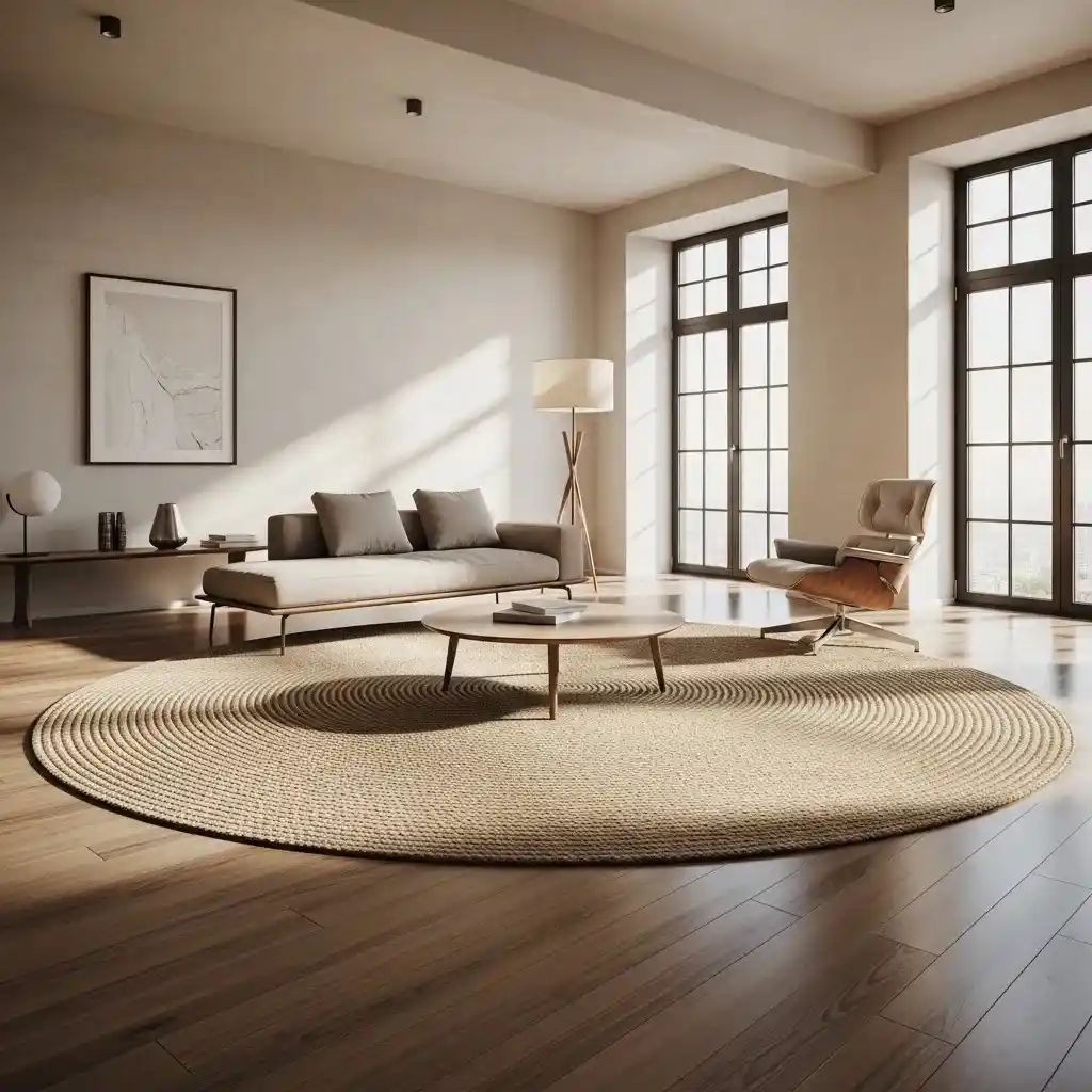 Large round carpet rug in a modern living room with beige sofa, wooden floor, and minimalist furniture