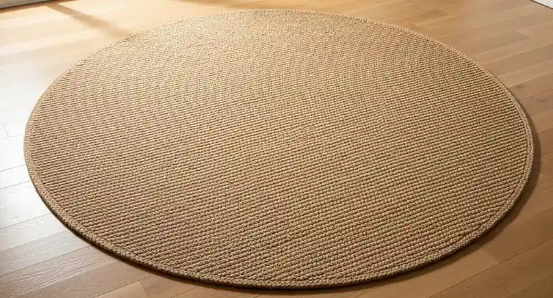 Beige round rug made of natural fiber placed on wooden floor in a modern minimalist interior