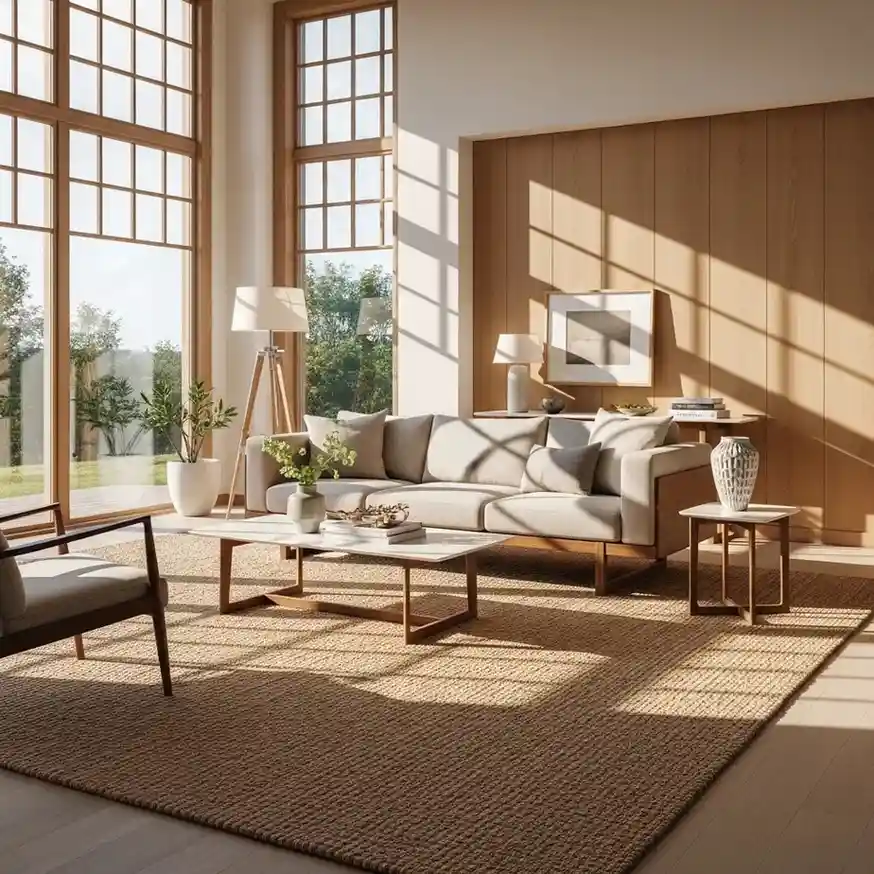 Modern living room with large windows, natural sunlight, wooden wall panels, beige sofa, and textured natural fiber carpet rug