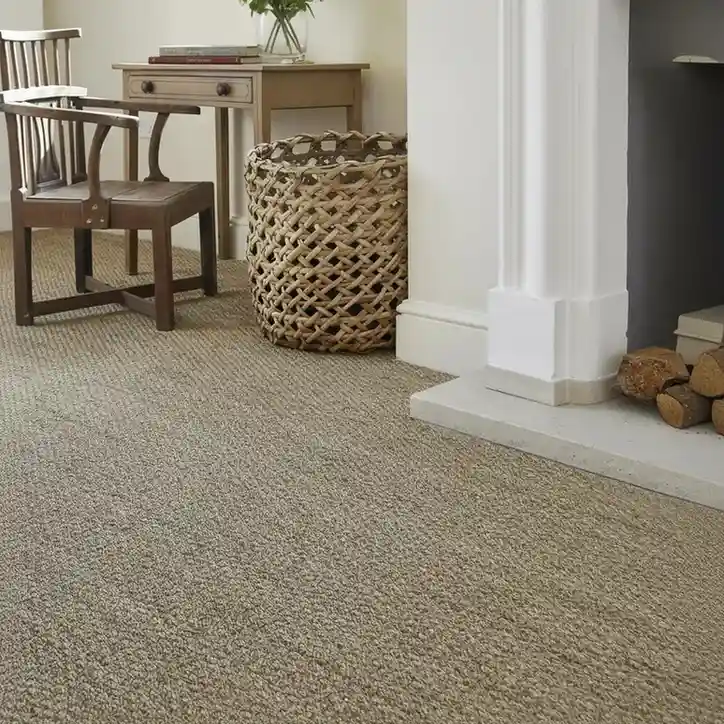 Textured beige wall-to-wall carpet flooring in a cozy living room with wooden chair, small desk, woven basket, and fireplace