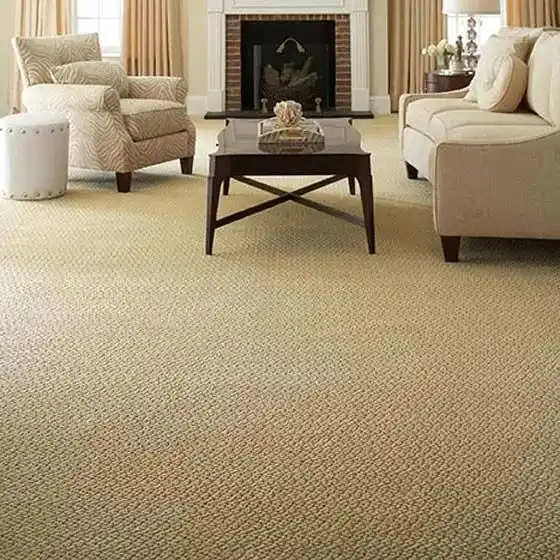 Elegant living room interior with natural sisal carpet flooring, sofa, armchair, and fireplace