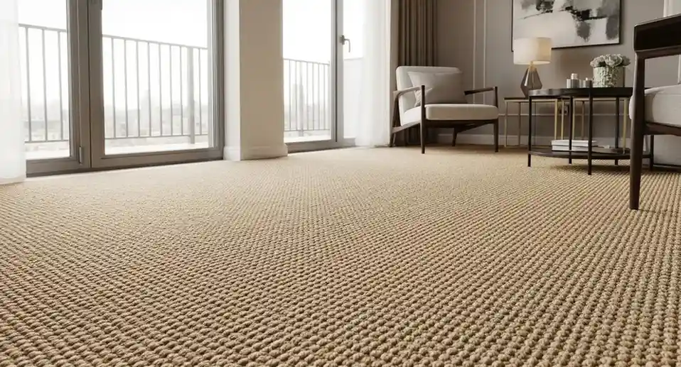 Natural sisal carpet flooring installed in modern living room with balcony view and minimalist furniture