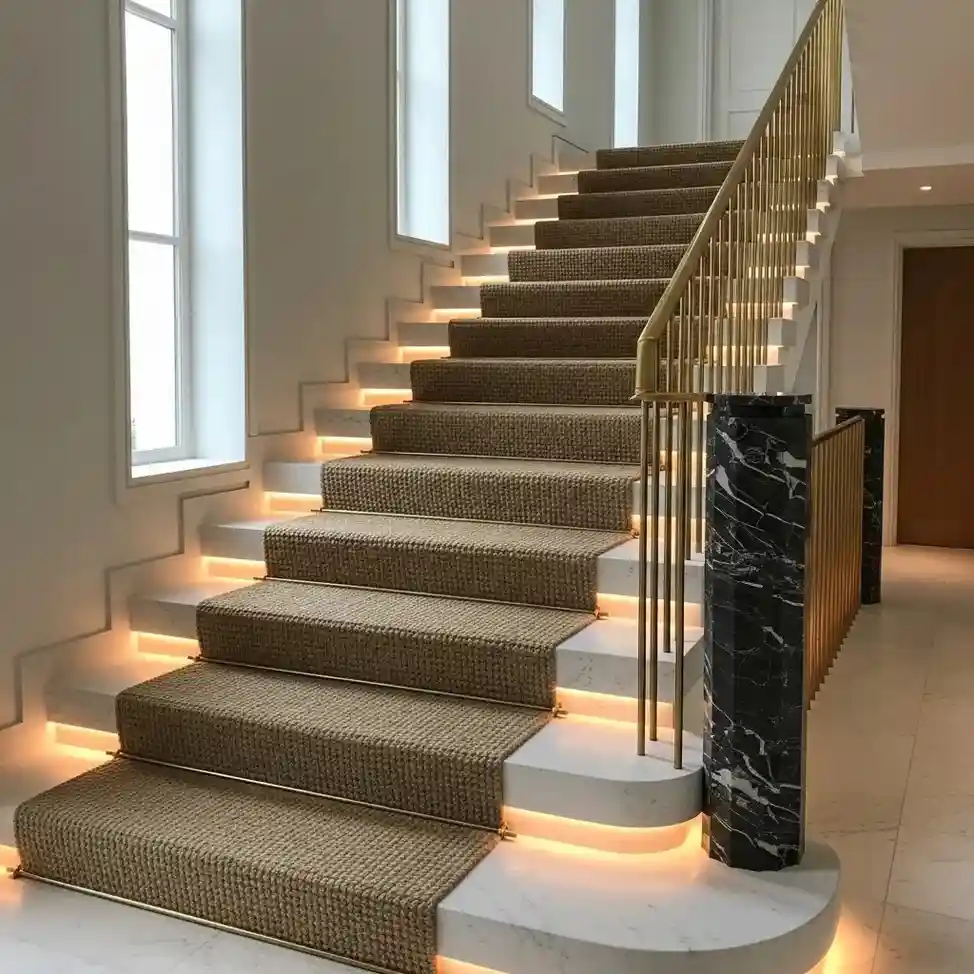Modern staircase with natural sisal carpet runner and LED step lighting in luxury home interior