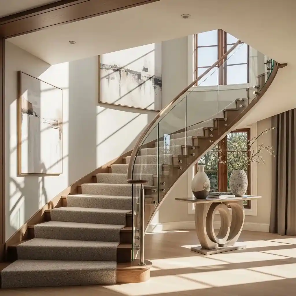 Modern curved staircase with soft carpet runner, glass railing, and wooden steps in a luxury home interior