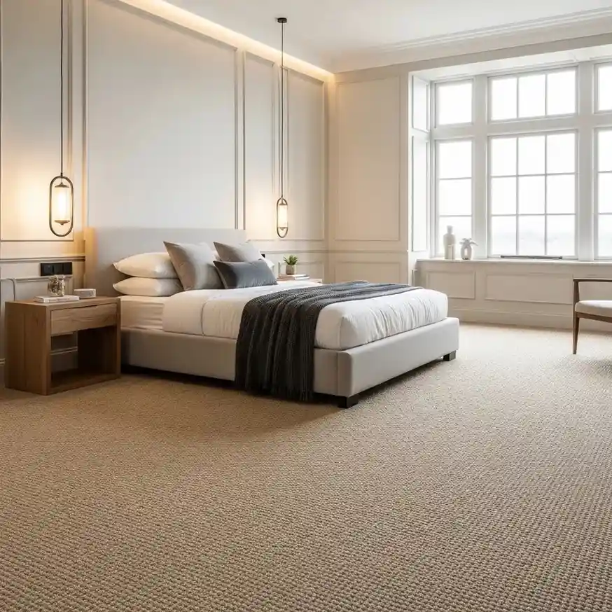 Modern bedroom interior with beige natural fiber carpet flooring, upholstered bed, bedside tables, and large window