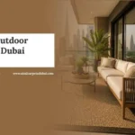 Modern balcony furniture with natural woven outdoor sisal carpet in Dubai.