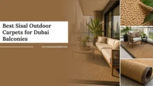 Modern balcony furniture with natural woven outdoor sisal carpet in Dubai.