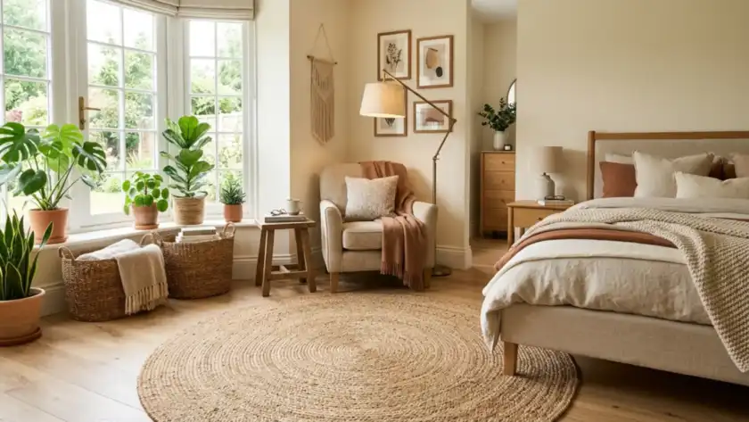 Cozy neutral bedroom interior with round jute rug in dubai.