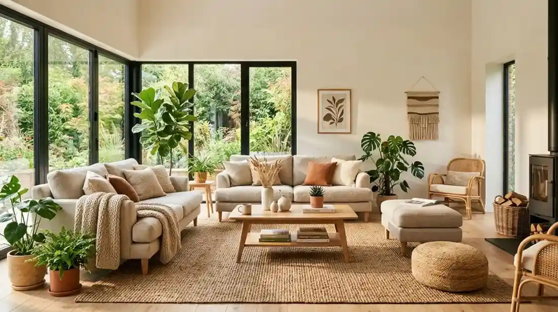 Modern living room with beige sofas in dubai.
