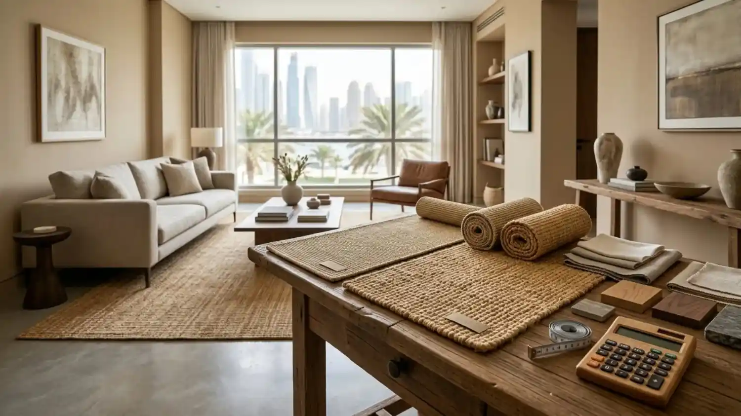Sisal carpet rolls and samples on table in dubai.