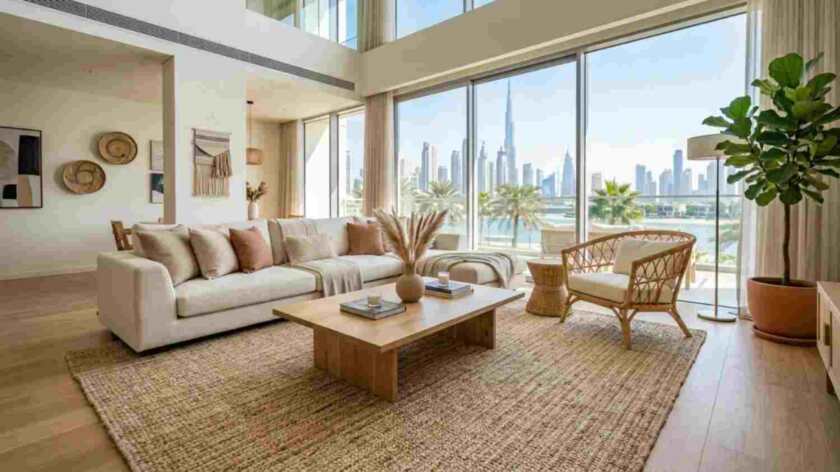 Natural jute rug in luxury Dubai living room.