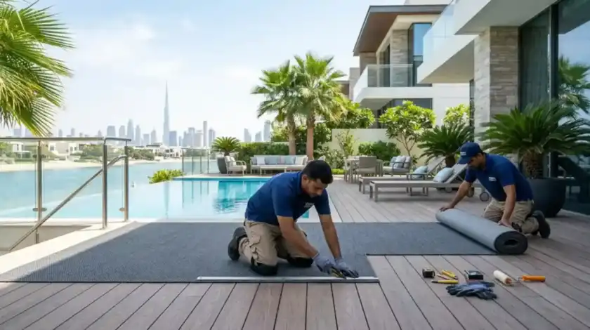 Professional technicians installing outdoor carpet in dubai.