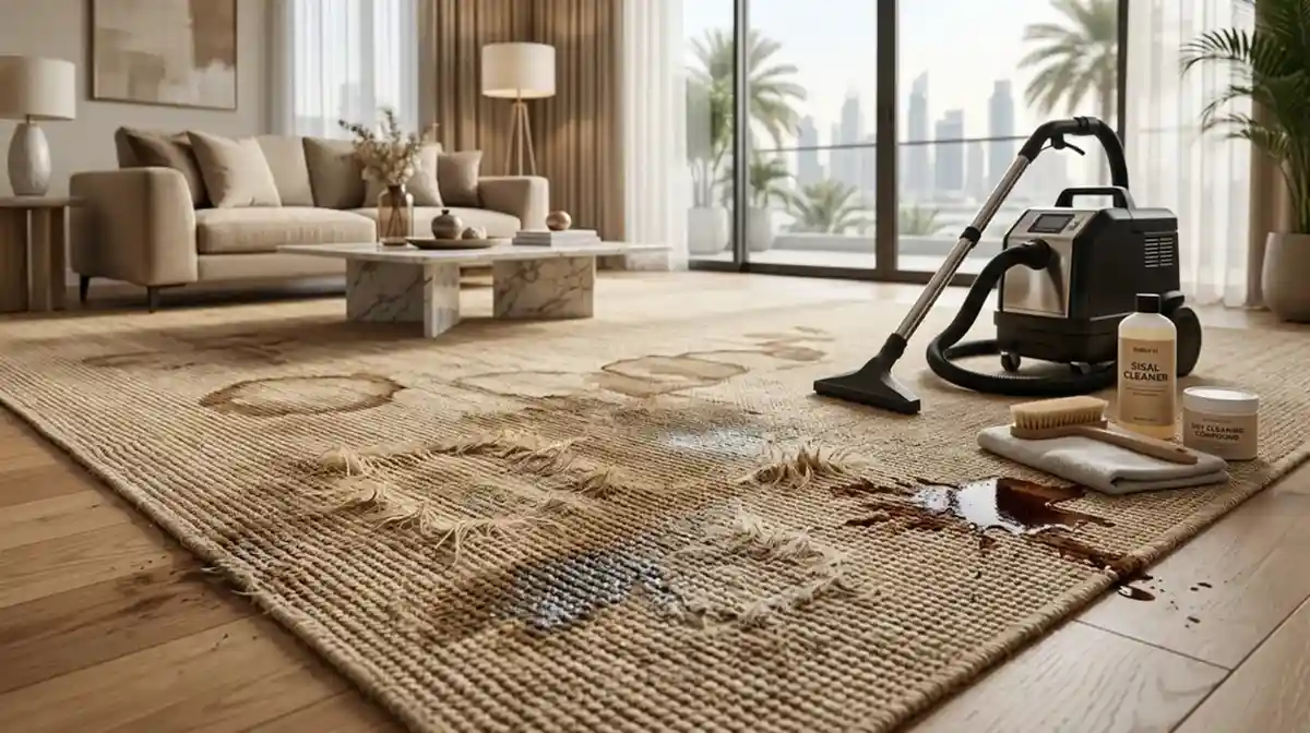 Stained and damaged sisal carpet in dubai.