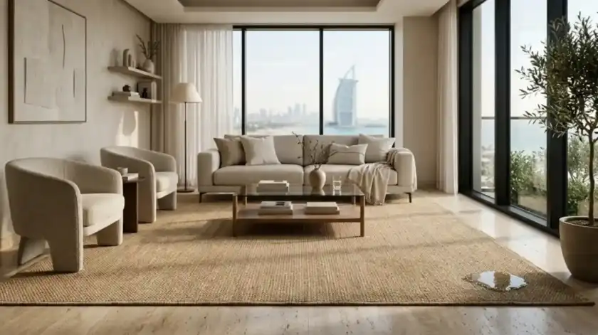 Water spill on sisal living room rug in dubai.