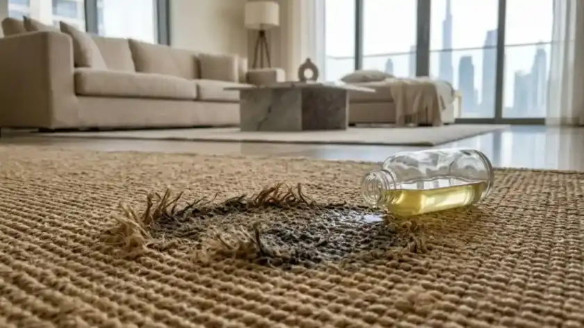 Spilled glass bottle on a damaged beige sisal carpet.