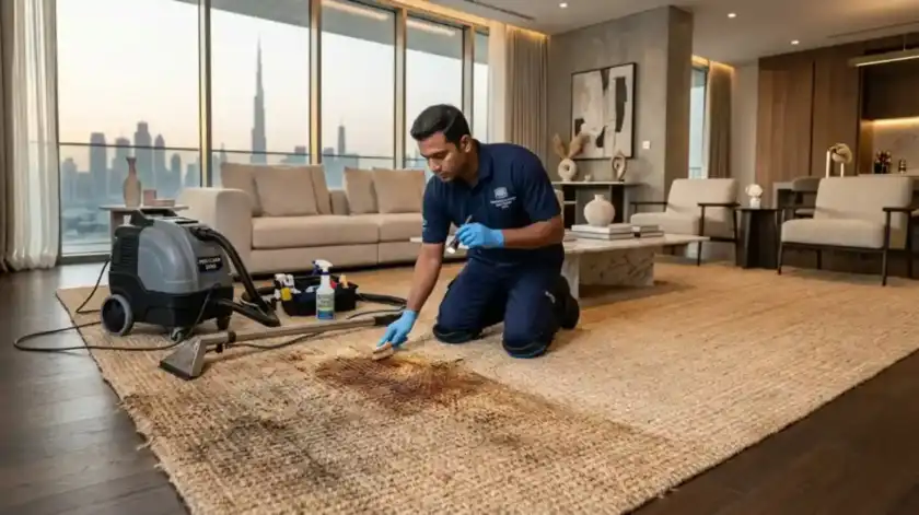 Professional technician removing stains from a natural sisal carpet in a Dubai apartment.