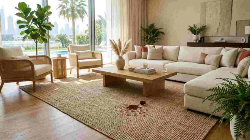 Natural seagrass rug in a bright Dubai living room.