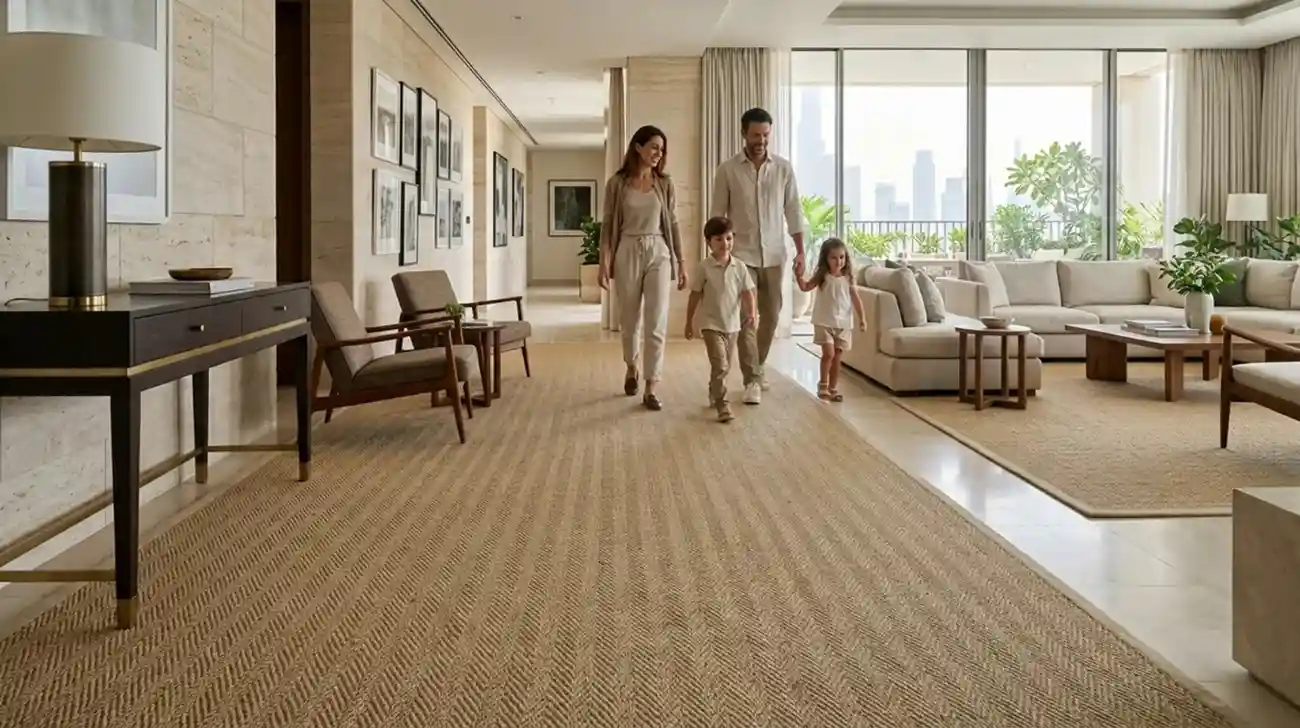 Family walking on sisal carpet in dubai.